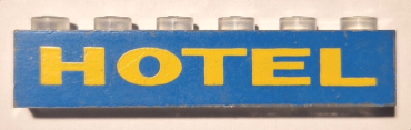 3067pb10 - Brick 1 x 6 without Bottom Tubes with Yellow on Blue 'HOTEL' Pattern