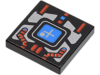 3068p51 - Tile 2 x 2 with Spyrius Blue Screen with Plus Sign and Silver and Red Panel Pattern