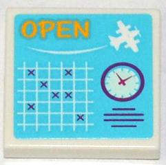 3068pb0751 - Tile 2 x 2 with 'OPEN', White Seaplane, Schedule Grid and Clock Pattern (Sticker) - Set 3063