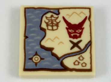 3068pb1142 - Tile 2 x 2 with Treasure Map with Sand Blue Water, Dark Gray X, Dark Red Mask Pattern