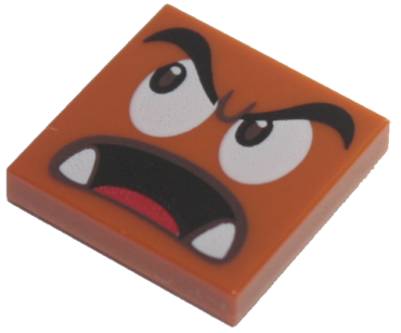 3068pb1498 - Tile 2 x 2 with Black Eyebrows, Dark Brown and White Eyes Looking Right, Surprised Open Mouth with Bottom Fangs and Red Tongue Pattern (Super Mario Parachute Goomba Face)