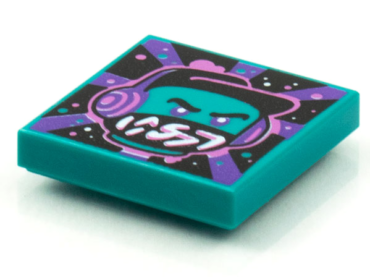 3068pb1586 - Tile 2 x 2 with BeatBit Album Cover - Dark Turquoise Minifigure, Black Hat and Dark Purple Headphones Pattern