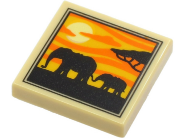 3068pb1644 - Tile 2 x 2 with 2 Elephants, Tree and Sunset Pattern