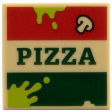 3068pb2814 - Tile 2 x 2 with Garbage Pizza Box, Red and Dark Green Stripes 'PIZZA', Mushroom, Lime Splotches Pattern