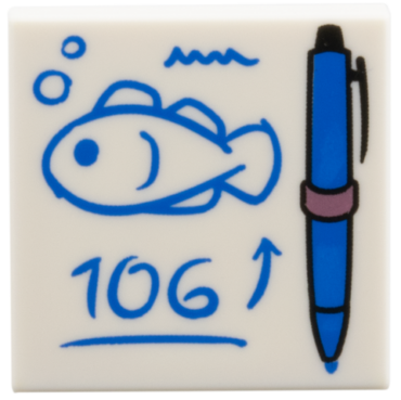 3068pb2815 - Tile 2 x 2 with Blue Pen with Metallic Pink Ring, Written Fish, Arrow, and '106' Pattern
