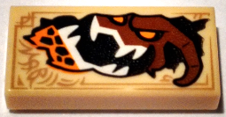 3069pb0497 - Tile 1 x 2 with Dark Tan Markings and Reddish Brown Monster Head with White Sharp Teeth and Orange Eyes Pattern (Nexo Knights Book of Destruction)