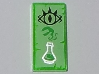 3069pb0590 - Tile 1 x 2 with Black Goblin Eye and Silver Erlenmeyer Flask with Bright Green Vapors on Yellowish Green Parchment Background Pattern