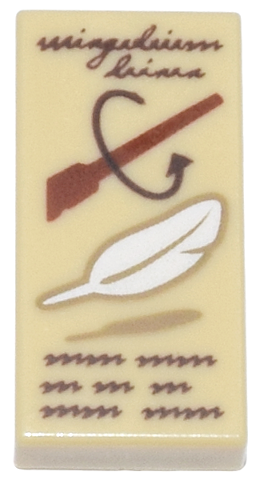 3069pb0649 - Tile 1 x 2 with Reddish Brown 'Wingardium Leviosa' and Wand and White Feather Pattern