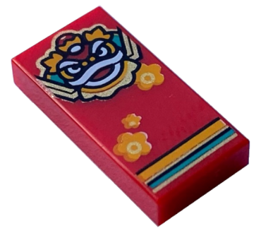 3069pb1064 - Tile 1 x 2 with Bright Light Orange, White, Dark Turquoise and Gold Lion / Nian Head, Flowers and Stripes Pattern