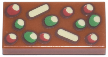 3069pb1414 - Tile 1 x 2 with Red, Green and Tan Fruitcake Pattern