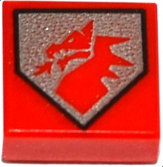 3070pb105 - Tile 1 x 1 with Red Dragon Head on Silver Pentagonal Shield Pattern