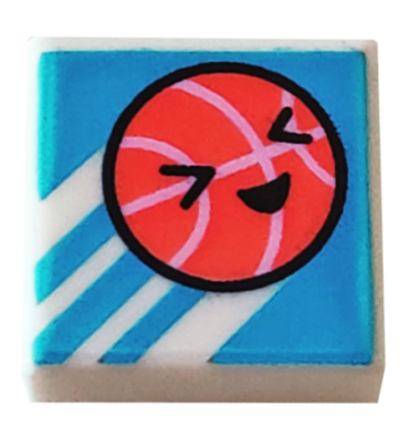 3070pb250 - Tile 1 x 1 with Coral Basketball with Face and Bright Pink Lines on Dark Azure Background with Diagonal Stripes Pattern