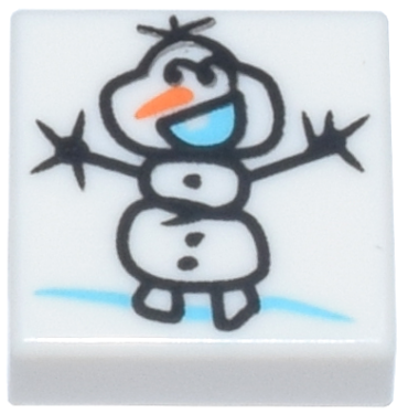 3070pb381 - Tile 1 x 1 with Black Snowman (Olaf) Stick Figure Drawing, Bright Light Blue Mouth and Orange Nose Pattern