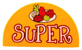 31213pb013 - Duplo, Brick 2 x 4 x 2 Slope Curved Double with 'SUPER' and Food on Dish Pattern