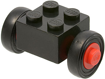 3137c01assy1 - Brick, Modified 2 x 2 with Red Wheels for Single Tire with Black Tires 14mm D. x 4mm Smooth Small Single (3137c01 / 3139)