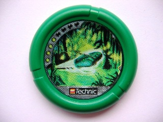 32171pb039 - Throwing Disk with Throwbot Amazon / Slizer Jungle 4 Pips, LEGO Technic Logo, and Flying Box in Swamp Pattern