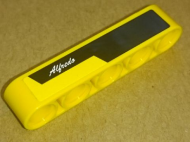 32316pb017R - Technic, Liftarm Thick 1 x 5 with 'Alfredo' and Black and Yellow Stripes Pattern Model Right Side (Sticker) - Set 8264