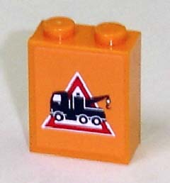 3245bpb13L - Brick 1 x 2 x 2 with Inside Axle Holder with Tow Truck Danger Sign Pattern Facing Left (Sticker) - Sets 7638 / 7642 / 7686