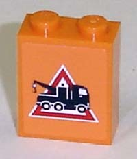 3245bpb13R - Brick 1 x 2 x 2 with Inside Axle Holder with Tow Truck Danger Sign Pattern Facing Right (Sticker) - Sets 7638 / 7642 / 7686