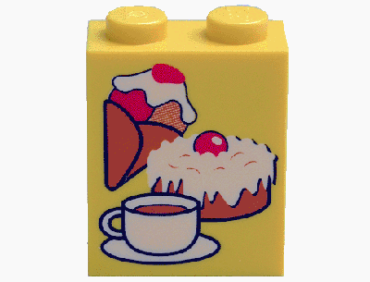 3245bpx6 - Brick 1 x 2 x 2 with Inside Axle Holder with Ice Cream, Cake and Coffee Pattern