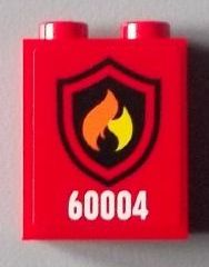 3245cpb016 - Brick 1 x 2 x 2 with Inside Stud Holder with Black and Yellow Fire Logo Badge Pattern (Sticker) - Set 60004