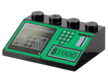 3297px16 - Slope 33 3 x 4 with Green ATM Bank Machine with Card Slot, Keypad, '$1000', and Screen with 'Choose amount' Pattern