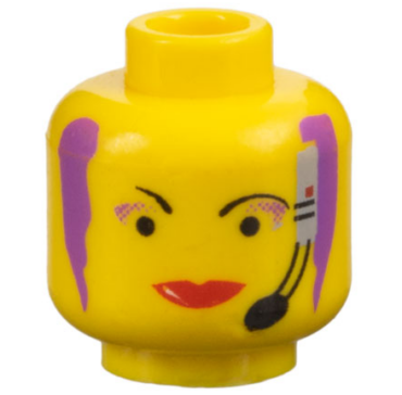 3626pb0007 - Minifigure, Head Female with Black Thin Eyebrows, Purple Hair and Eye Shadow, Headset with Microphone, and Red Lips Wide Pattern