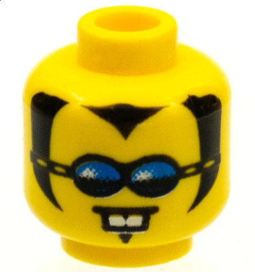 3626pb0031 - Minifigure, Head Black Widow's Peak, Sideburns and Soul Patch, Sunglasses with Blue Lenses, Neutral with White Buck Teeth Pattern