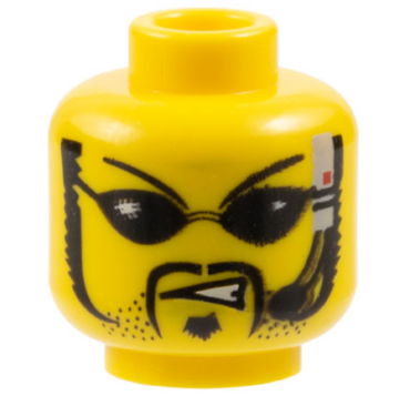 3626pb0114 - Minifigure, Head Black Thin Eyebrows, Sunglasses, Moustache, Stubble and Soul Patch, Headset with Microphone, Angry Scowl with Teeth Pattern