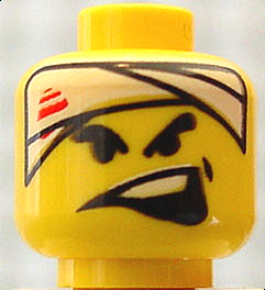 3626pb0123 - Minifigure, Head Black Thick Eyebrows, White Head Bandage with Red Streaks, Dimple, Wide Lopsided Open Mouth with Top Teeth Pattern