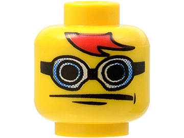 3626pb0124 - Minifigure, Head Blue and White Goggles with Black Strap, Red Hair Bangs, Chin Dimple, Wide Neutral Pattern