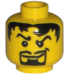 3626pb0216 - Minifigure, Head Black Wavy Eyebrows, Messy Hair, Thin Moustache, Goatee, Lopsided Grin with Dimple Pattern
