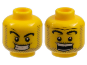 3626pb0356 - Minifigure, Head Dual Sided Power Miner Thick Eyebrows and Stubble, Evil Grin / Surprised Pattern