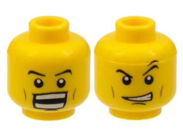 3626pb0358 - Minifigure, Head Dual Sided Power Miner Thin Eyebrows, Cheek Lines, Determined / Open Mouth Grin with Teeth Pattern