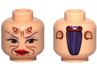 3626pb0554 - Minifigure, Head Alien with SW Sugi, Large Brown Eyes, Red Lips and Cheek Lines, Dark Purple Hair on Back Pattern