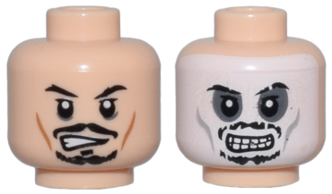 3626pb0555 - Minifigure, Head Dual Sided PotC Jack Sparrow Black Moustache and Goatee, Cheek Lines, Determined / Skull Face Pattern