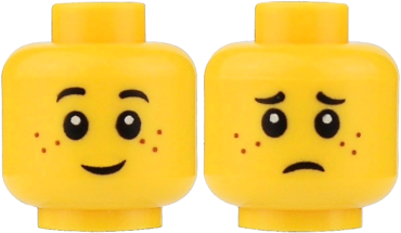 3626pb0595 - Minifigure, Head Dual Sided Child Black Eyebrows, Reddish Brown Freckles, Grin / Sad Frown Pattern