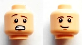 3626pb0975 - Minifigure, Head Dual Sided Reddish Brown Eyebrows, Medium Nougat Chin Dimple, Scared with Clenched Teeth / Lopsided Grin Pattern