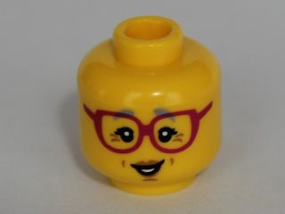 3626pb0998 - Minifigure, Head Female Glasses Dark Pink, Gray Eyebrows, Crow's Feet Pattern