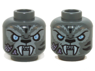 3626pb1143 - Minifigure, Head Dual Sided Alien Chima Tiger White Fangs, Black Stripes and Bright Light Blue Eyes, Neutral / Angry Pattern (Stealthor)