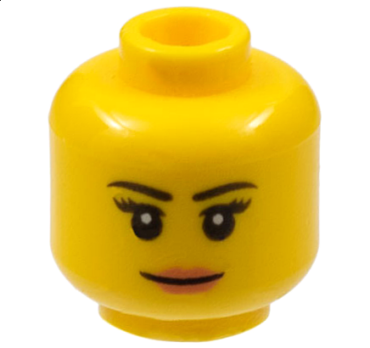 3626pb1211 - Minifigure, Head Female Black Thin Eyebrows, Eyelashes, Nougat Lips, Grin Pattern