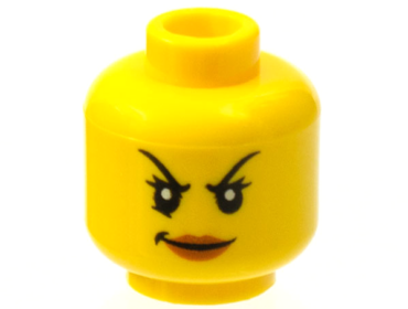 3626pb1275 - Minifigure, Head Female Black Arched Thin Eyebrows, Eyelashes, Dark Orange Lips, Evil Smirk Pattern