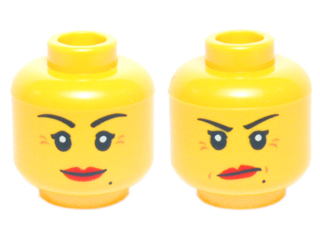 3626pb1350 - Minifigure, Head Dual Sided Female Red Lips, Crow's Feet and Beauty Mark, Smile / Annoyed with Short Frown Lines Pattern