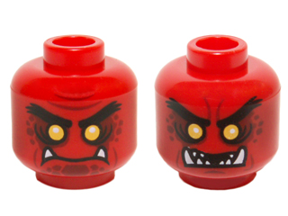 3626pb1488 - Minifigure, Head Dual Sided Alien Black Eyebrows, Yellow Eyes, Dark Red Spots, 2 Fangs, Closed Mouth / Open Mouth Teeth Pattern
