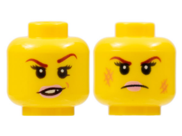 3626pb1503 - Minifigure, Head Dual Sided Female Dark Red Eyebrows, Pink Lips, Frown, Scratches / Eyebrow Raised, Chipped Toothed Smirk Pattern