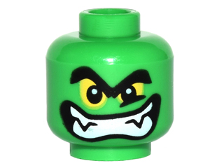 3626pb1533 - Minifigure, Head Alien with Black Thick Eyebrows, Yellow Eyes and Wide Grin with Teeth and Fangs Pattern