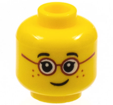 3626pb1565 - Minifigure, Head Child Black Eyebrows, Single Eyelashes, Glasses with Red Round Frames, Freckles, Lopsided Grin Pattern