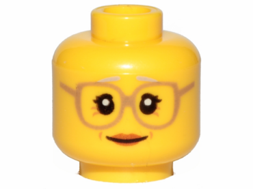 3626pb1568 - Minifigure, Head Female Glasses Dark Tan, Gray Eyebrows, Crow's Feet, Peach Lips Pattern
