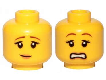 3626pb1571 - Minifigure, Head Dual Sided Female Reddish Brown Eyebrows, Black Eyelashes, Nougat Lips, Slight Grin / Scared Open Mouth with Teeth Pattern