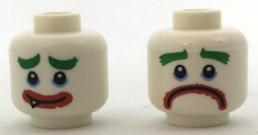 3626pb1716 - Minifigure, Head Dual Sided Bushy Green Eyebrows, Thick Red Lips, Grin with Sharp Tooth / Very Sad Frown Pattern (The Joker)